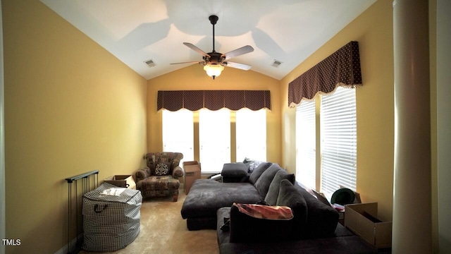 17832 Durrango Ct, Charlotte, NC 28278 - living room with a ceiling fan, lofted ceiling, and carpet