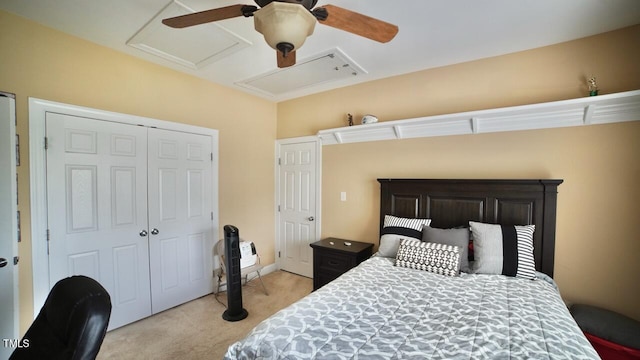 17832 Durrango Ct, Charlotte, NC 28278 - bedroom featuring light colored carpet, attic access, a closet, and a ceiling fan