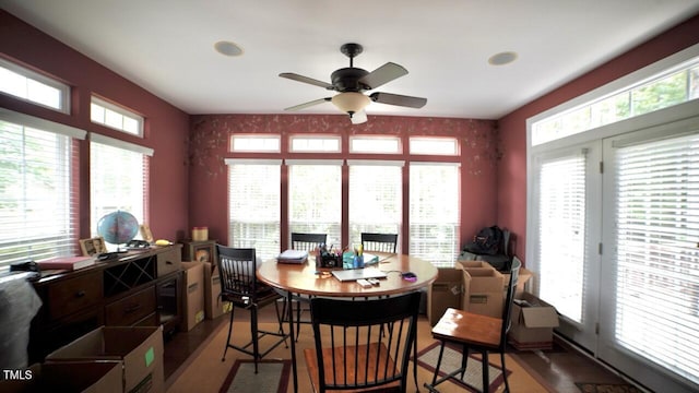 17832 Durrango Ct, Charlotte, NC 28278 - dining area featuring ceiling fan, plenty of natural light, a desk, wood finished floors, and recessed lighting