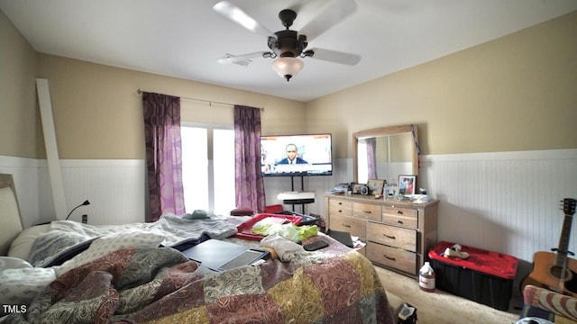 17832 Durrango Ct, Charlotte, NC 28278 - bedroom featuring wainscoting, light colored carpet, and a ceiling fan