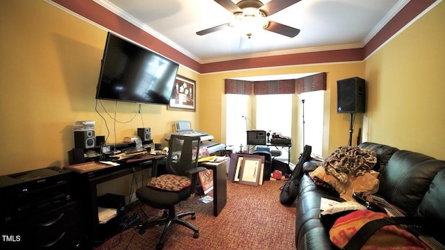 17832 Durrango Ct, Charlotte, NC 28278 - carpeted office featuring a ceiling fan and ornamental molding