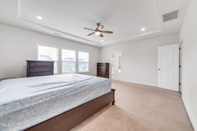 5420 Mill Dam Rd, Wake Forest, NC 27587 - bedroom with a raised ceiling, light carpet, recessed lighting, baseboards, and a ceiling fan