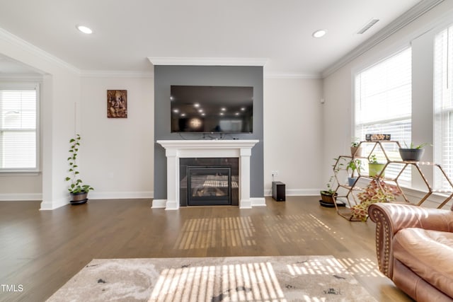5420 Mill Dam Rd, Wake Forest, NC 27587 - living room featuring wood finished floors, crown molding, a glass covered fireplace, plenty of natural light, and recessed lighting