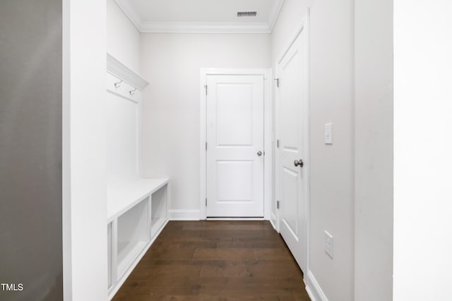 5420 Mill Dam Rd, Wake Forest, NC 27587 - mudroom with crown molding, dark wood-style floors, and baseboards