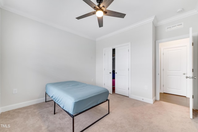 5420 Mill Dam Rd, Wake Forest, NC 27587 - bedroom featuring ornamental molding, light colored carpet, baseboards, and a ceiling fan