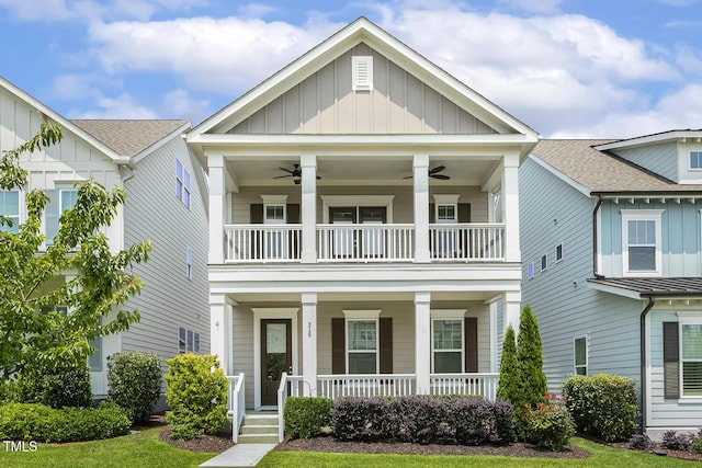 316 Levi Ln, Wake Forest, NC 27587 - view of front facade with board and batten siding, a balcony, ceiling fan, covered porch, and a shingled roof