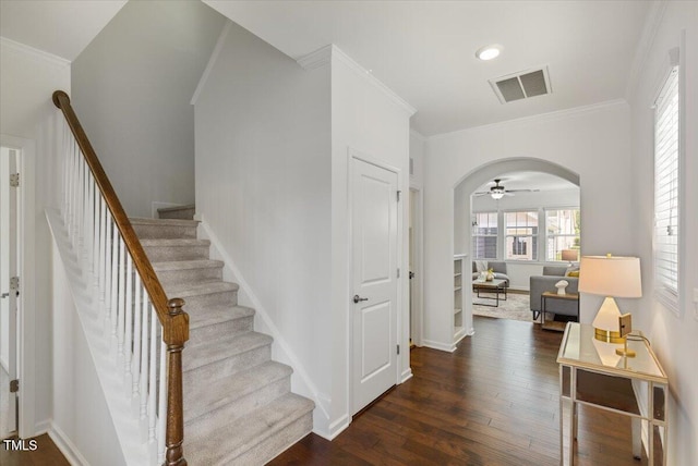2837 Milano Ave, Apex, NC 27502 - stairs featuring arched walkways, hardwood / wood-style floors, ceiling fan, crown molding, and baseboards