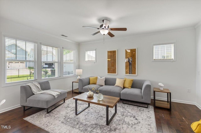 2837 Milano Ave, Apex, NC 27502 - living room with a ceiling fan, crown molding, wood finished floors, and baseboards