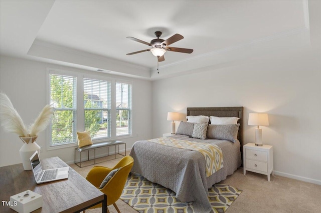 2837 Milano Ave, Apex, NC 27502 - bedroom featuring a tray ceiling, ornamental molding, baseboards, and a ceiling fan