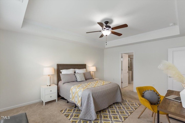 2837 Milano Ave, Apex, NC 27502 - bedroom featuring a tray ceiling, light carpet, ornamental molding, and baseboards