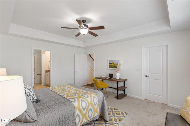 2837 Milano Ave, Apex, NC 27502 - bedroom with a raised ceiling, ornamental molding, light colored carpet, connected bathroom, and a ceiling fan