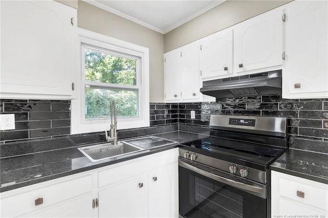 kitchen with stainless steel range with electric stovetop, under cabinet range hood, white cabinetry, a sink, and decorative backsplash