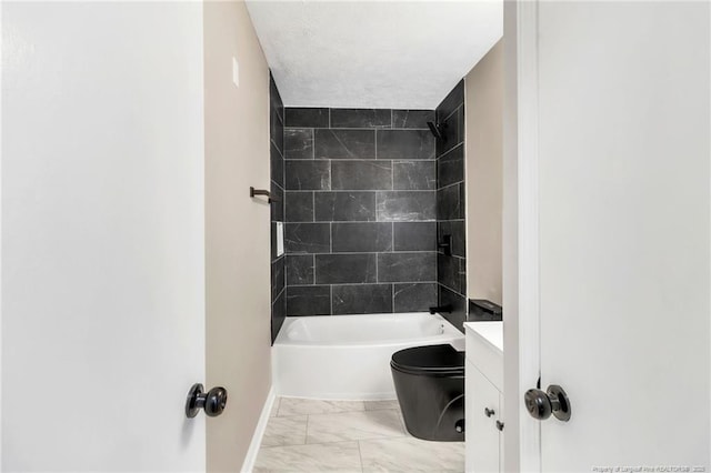 full bathroom featuring marble look tile flooring, baseboards,  shower combination, toilet, and vanity