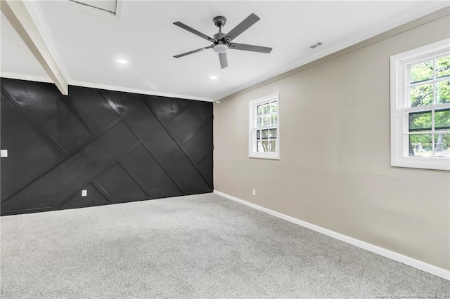 carpeted spare room featuring ornamental molding, healthy amount of natural light, baseboards, ceiling fan, and recessed lighting