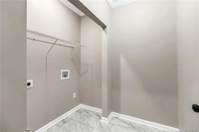 laundry room featuring washer hookup, light marble finish flooring, baseboards, and electric dryer hookup