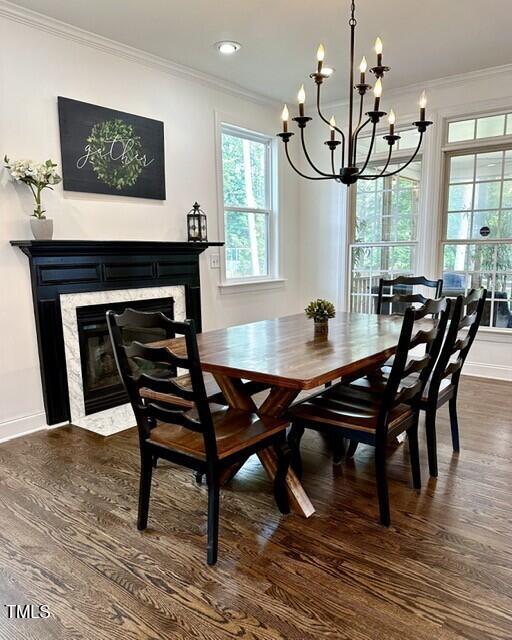 dining area featuring dark wood finished floors, a chandelier, a premium fireplace, ornamental molding, and baseboards