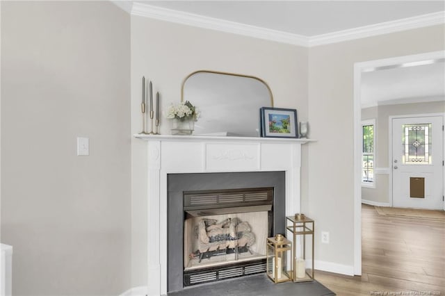 detailed view of a fireplace, crown molding, wood finished floors, and baseboards