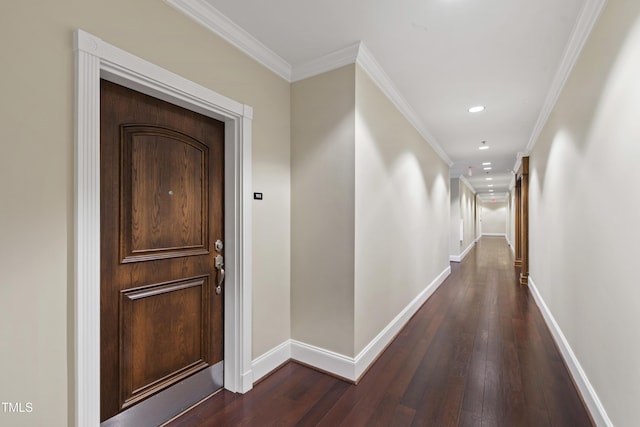 710 Independence Pl Unit 103, Raleigh, NC 27603 - hall with recessed lighting, dark wood-type flooring, baseboards, and crown molding