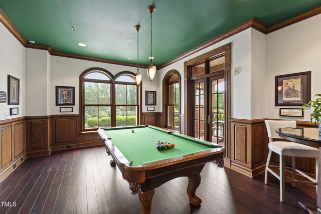 710 Independence Pl Unit 103, Raleigh, NC 27603 - game room with wainscoting, ornamental molding, french doors, dark wood-type flooring, and billiards table