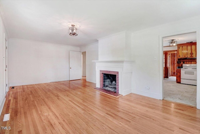 905 S 1st St, Smithfield, NC 27577 - unfurnished living room featuring light wood-style flooring, a fireplace, ornamental molding, baseboards, and a chandelier