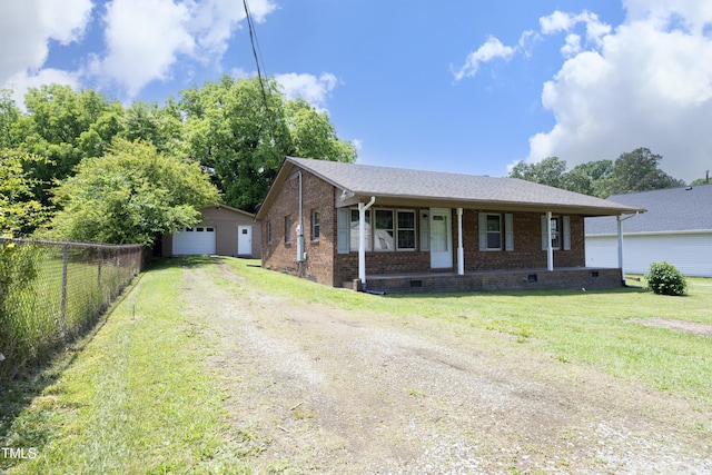 107 Rencher St, Hillsborough, NC 27278 - ranch-style house featuring brick siding, crawl space, dirt driveway, covered porch, and an outbuilding
