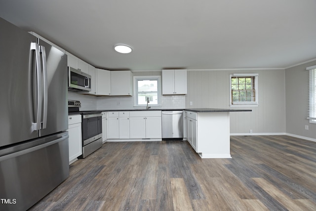 107 Rencher St, Hillsborough, NC 27278 - kitchen featuring appliances with stainless steel finishes, a sink, a peninsula, dark wood finished floors, and healthy amount of natural light