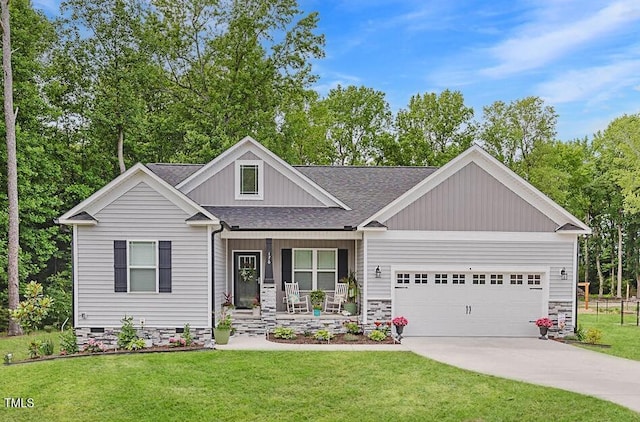 176 Lowery Ln, Benson, NC 27504 - craftsman inspired home featuring covered porch, a garage, concrete driveway, a front yard, and roof with shingles
