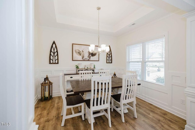176 Lowery Ln, Benson, NC 27504 - dining room featuring a decorative wall, a chandelier, a tray ceiling, a wainscoted wall, and wood finished floors