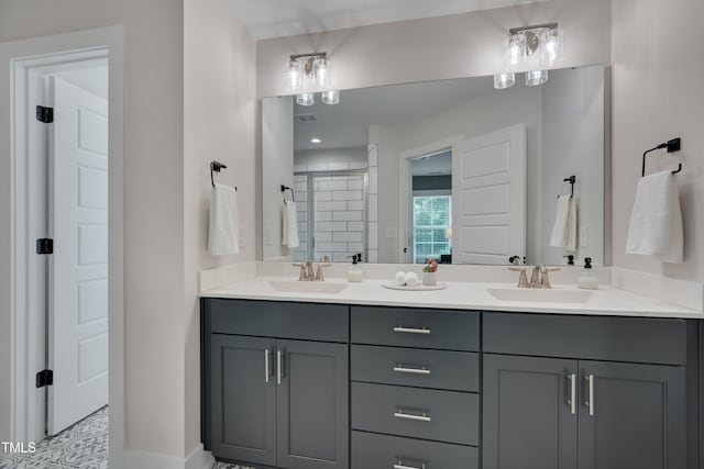 3003 University Dr, Durham, NC 27707 - full bath with double vanity, a tile shower, and baseboards