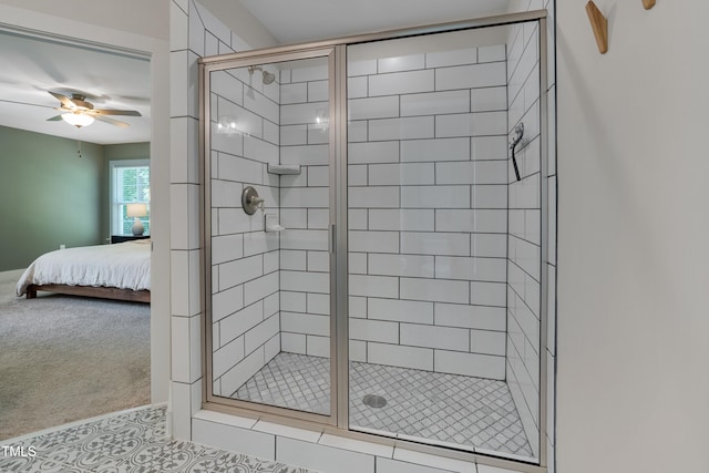 3003 University Dr, Durham, NC 27707 - ensuite bathroom featuring a shower stall, ceiling fan, and tile patterned floors