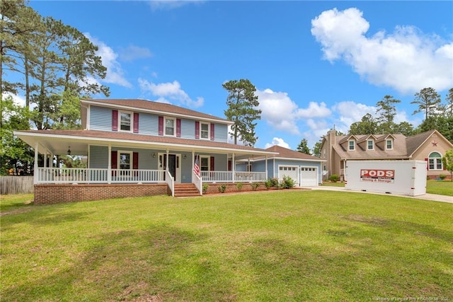 farmhouse inspired home featuring covered porch, concrete driveway, a front lawn, and an attached garage