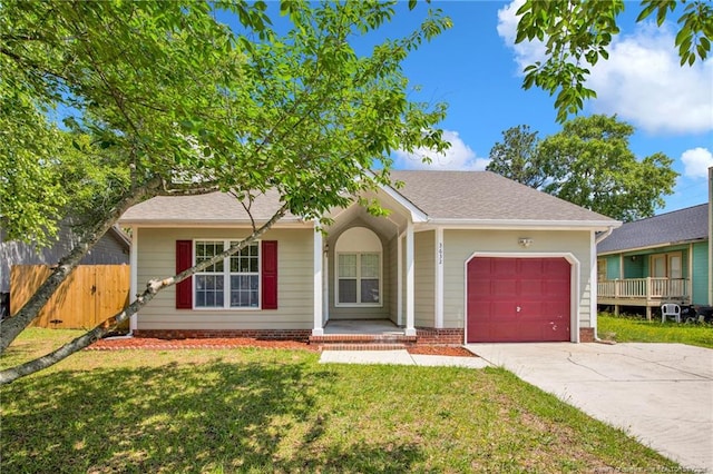 single story home with a garage, a porch, driveway, and a shingled roof