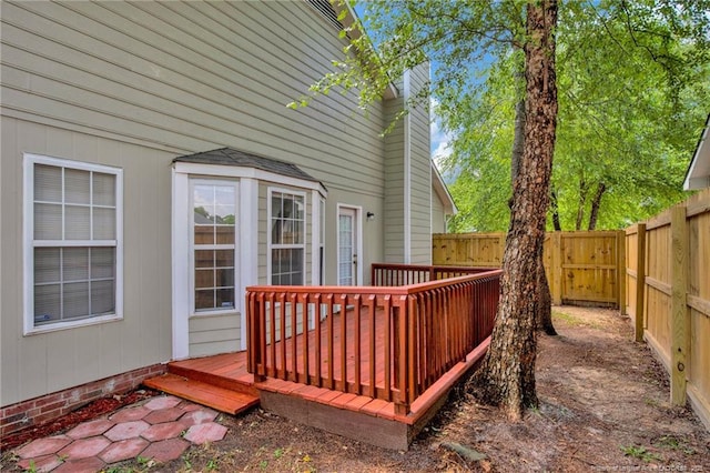 wooden deck with a fenced backyard