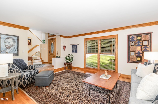 108 Hanover Pl, Chapel Hill, NC 27516 - living area with stairway, wood finished floors, and crown molding