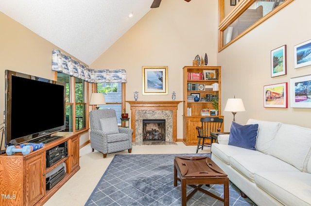 108 Hanover Pl, Chapel Hill, NC 27516 - living area featuring high vaulted ceiling, carpet, a high end fireplace, ceiling fan, and recessed lighting