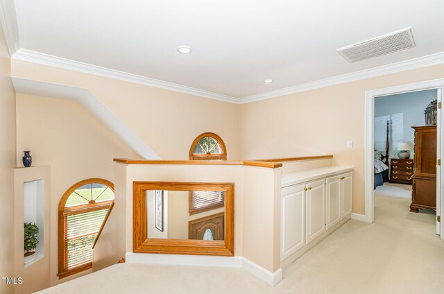 108 Hanover Pl, Chapel Hill, NC 27516 - corridor with an upstairs landing, ornamental molding, light colored carpet, baseboards, and recessed lighting