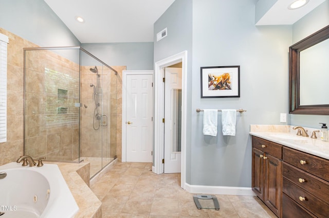 108 Hanover Pl, Chapel Hill, NC 27516 - bathroom featuring a jetted tub, a stall shower, vanity, tile patterned floors, and baseboards