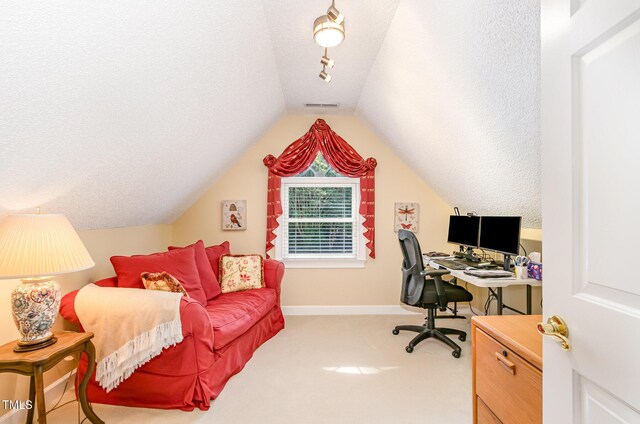108 Hanover Pl, Chapel Hill, NC 27516 - carpeted home office featuring vaulted ceiling, a textured ceiling, and baseboards