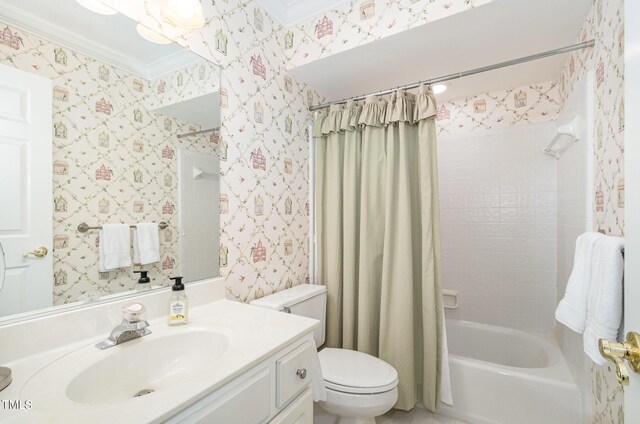 108 Hanover Pl, Chapel Hill, NC 27516 - bathroom featuring ornamental molding, vanity, toilet, shower / bath combination with curtain, and wallpapered walls