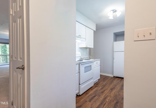 kitchen with white appliances, white cabinets, under cabinet range hood, dark wood-style flooring, and light countertops