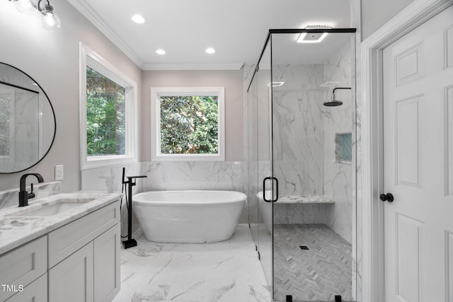 12301 Hardee Rd, Raleigh, NC 27614 - bathroom with vanity, a marble finish shower, a freestanding tub, crown molding, and marble finish flooring
