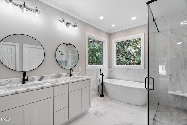 12301 Hardee Rd, Raleigh, NC 27614 - bathroom featuring double vanity, crown molding, a marble finish shower, a freestanding tub, and marble finish flooring