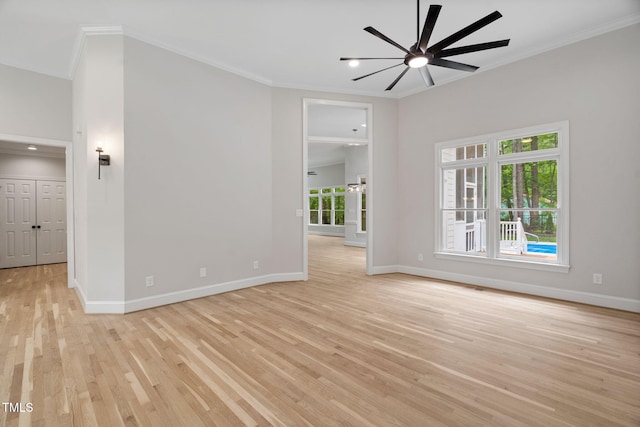 12301 Hardee Rd, Raleigh, NC 27614 - unfurnished living room featuring ornamental molding, light wood-style floors, baseboards, a ceiling fan, and recessed lighting