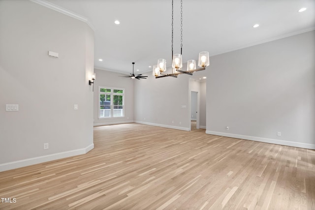 12301 Hardee Rd, Raleigh, NC 27614 - spare room featuring a chandelier, crown molding, recessed lighting, light wood-style floors, and baseboards