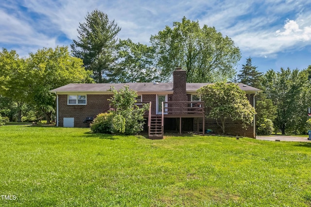4407 Bromley Dr, Greensboro, NC 27406 - back of property featuring stairs, a deck, brick siding, a chimney, and a yard