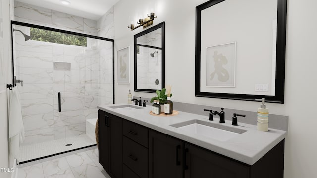 4091 Elk Creek Ln Unit 9, Raleigh, NC 27612 - full bathroom with marble look tile flooring, double vanity, and a marble finish shower