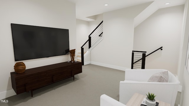 4091 Elk Creek Ln Unit 9, Raleigh, NC 27612 - living area with carpet floors, recessed lighting, baseboards, and stairway