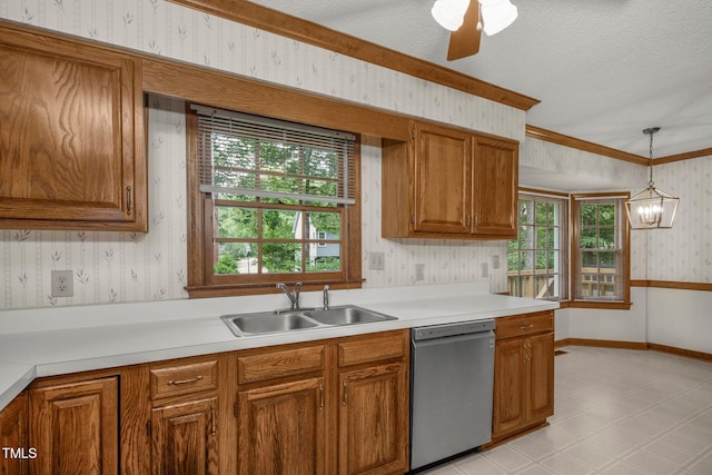 1113 Smokewood Dr, Apex, NC 27502 - kitchen featuring dishwasher, wallpapered walls, a sink, brown cabinetry, and light countertops