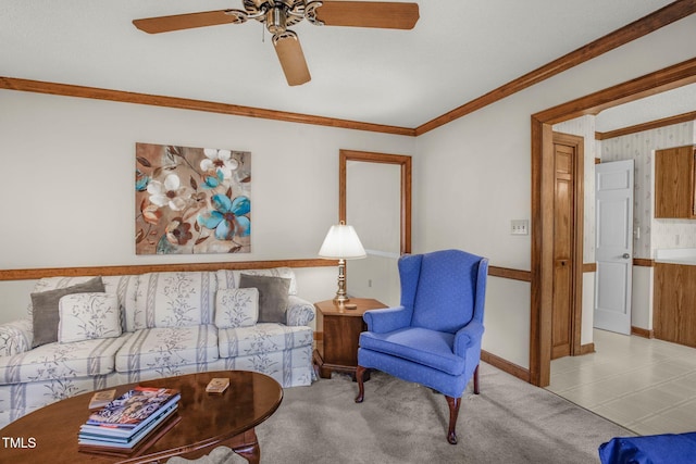1113 Smokewood Dr, Apex, NC 27502 - living room featuring a ceiling fan, crown molding, baseboards, and carpet floors