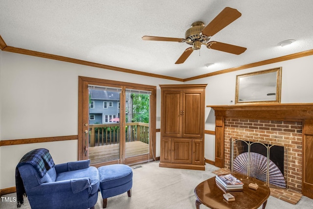 1113 Smokewood Dr, Apex, NC 27502 - living area featuring light carpet, crown molding, a textured ceiling, a ceiling fan, and a fireplace